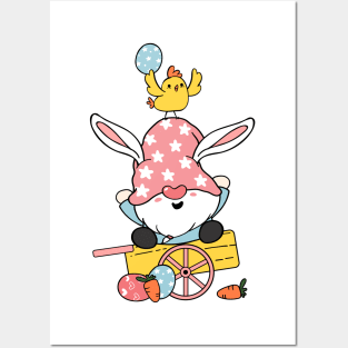 Cute Easter Gnome bunny ears cartoon and yellow chick baby on wooden cart with Easter eggs. Happy Easter, Cute doodle cartoon vector spring Easter clip art Posters and Art